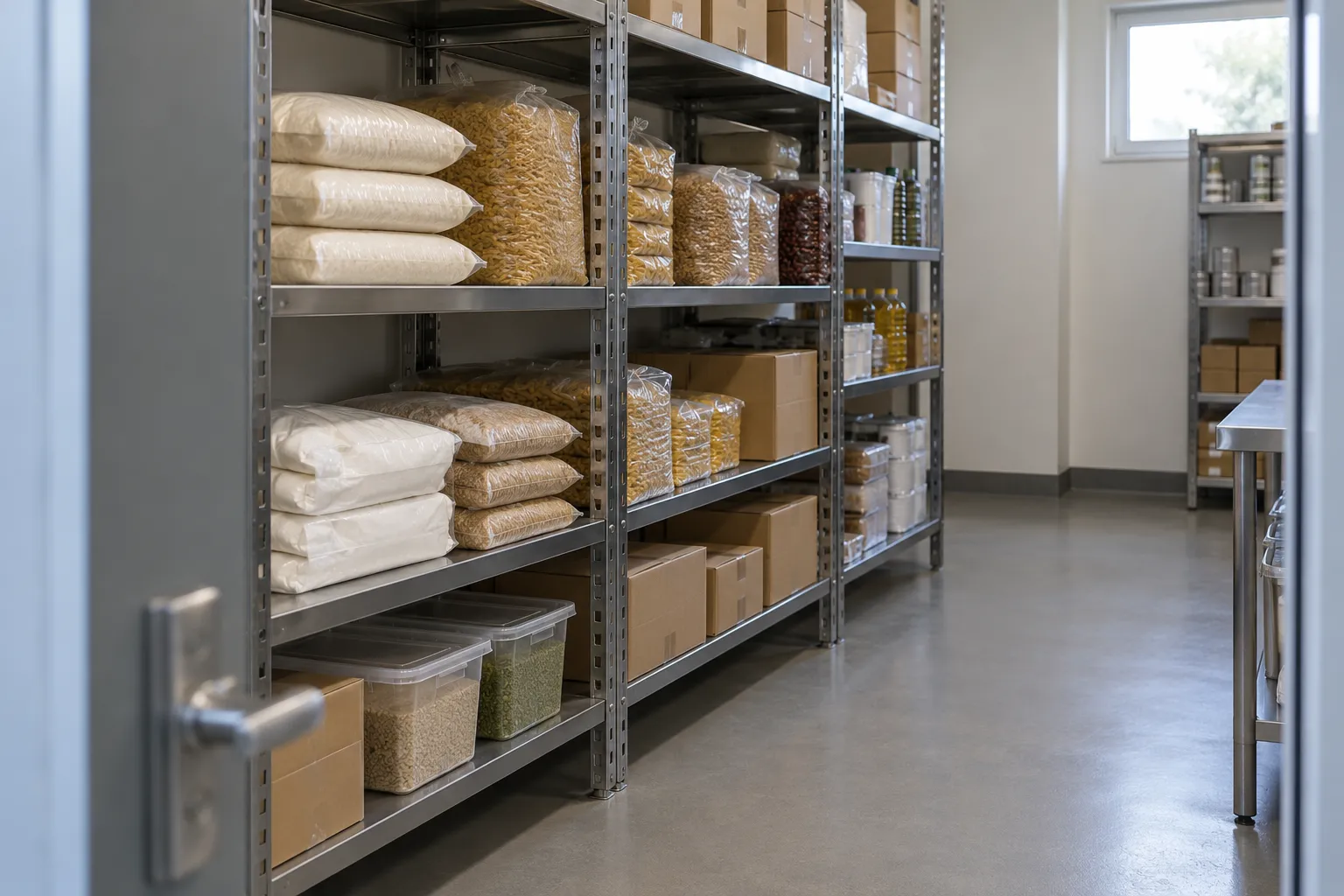 Кладовая сухих продуктов: открытая дверь, стеллажи с запечатанной тарой и свободный проход.
