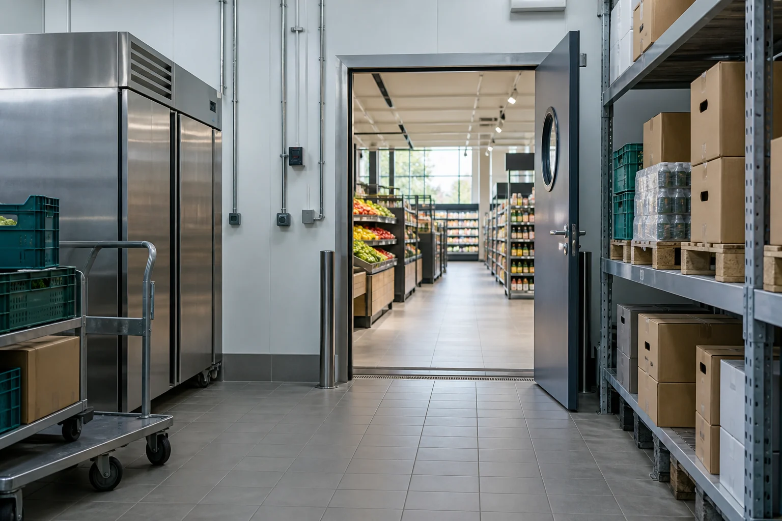 Подсобка продуктового магазина с холодильником, стеллажами и проходом в торговый зал